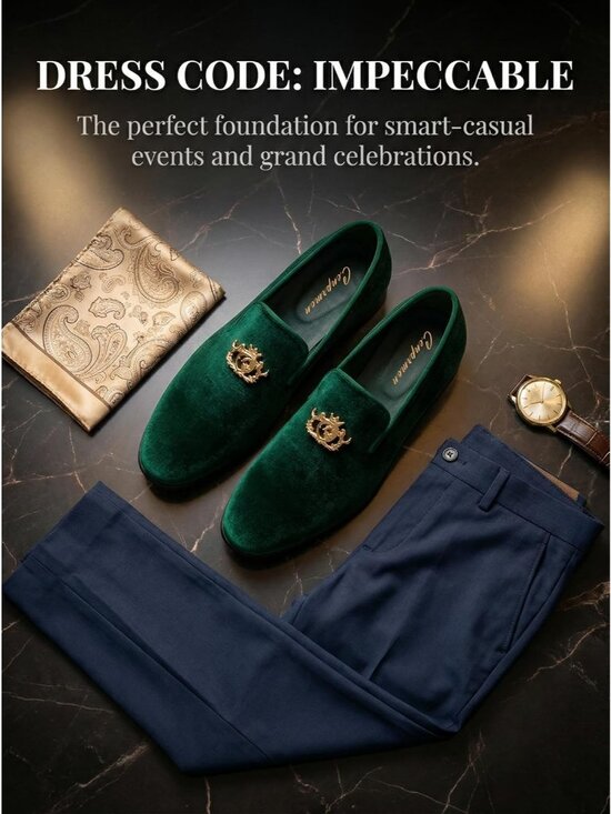 Cenprmon Men\'s Green Elegant Velvet Loafers Metal Buckle Penny Slip On Shoes main image 5